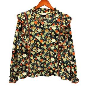 Hailey & Co Blouse Women's Large Black Orange Green Floral Ruffle V Neck Boho